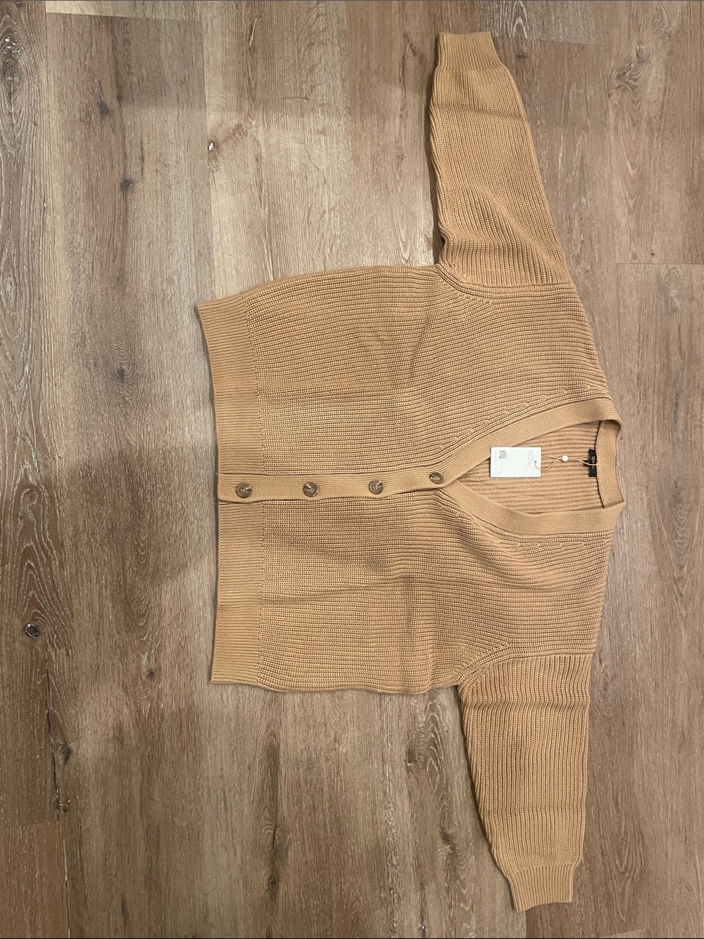 Quince Camel Ribbed Button-Front Cardigan